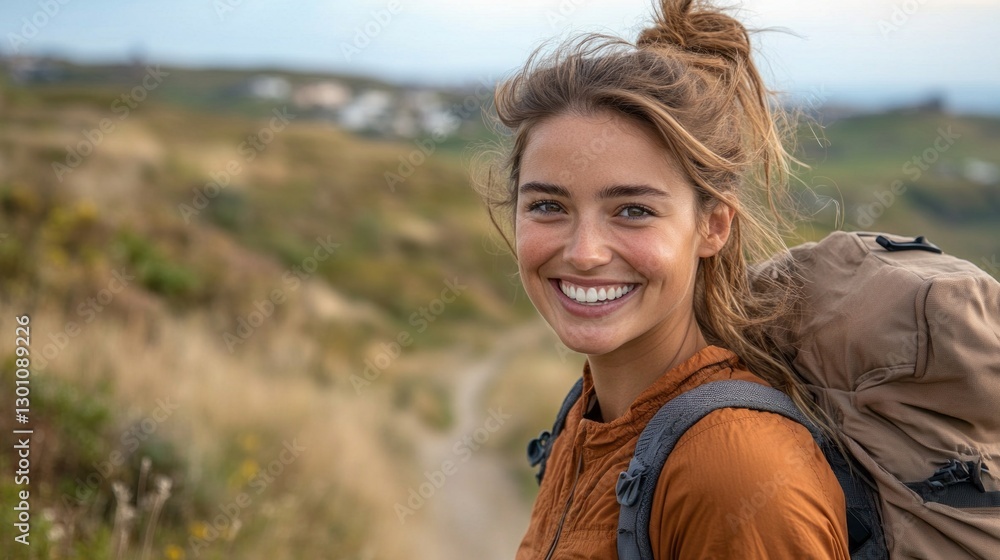 A joyful European woman with a ponytail enjoys jogging on a beautiful trail surrounded by nature. Her smile reflects her love for outdoor activities and healthy living A joyful European woman with a ponytail enjoys jogging on a beautiful trail surrounded by nature. Her smile reflects her love for outdoor activities and healthy living