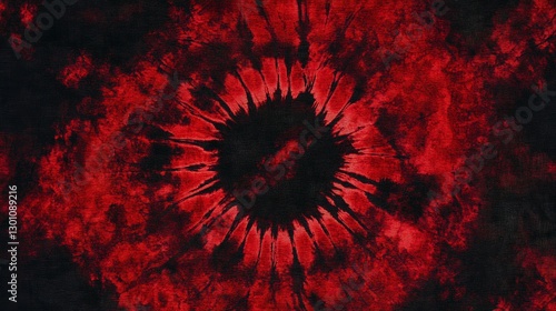 A red tie-dye pattern with dark shades of crimson and scarlet, blending together in an intricate spiral design. The background is solid black to highlight the detailed texture of the fabric