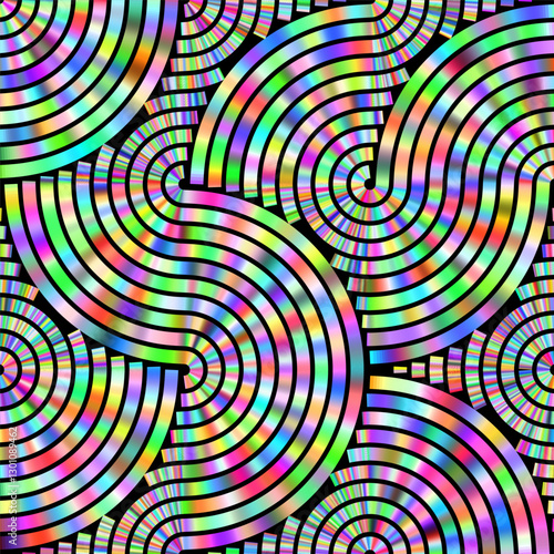 An abstract pattern of multi-colored concentric circles that creates a holographic effect. Vibrant color transitions and smooth lines give the image a dynamic and hypnotic style.