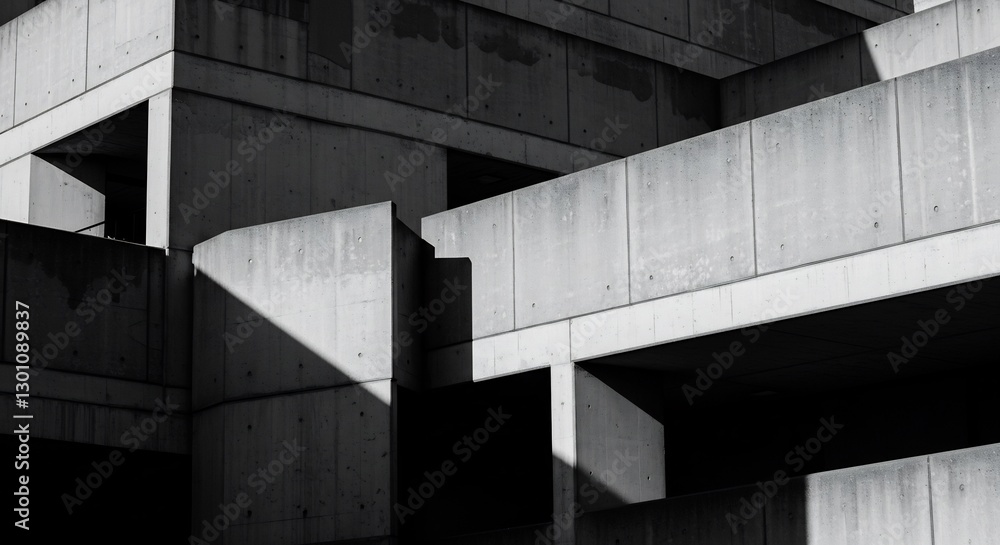 Fototapeta premium Stark concrete architecture dramatically lit by strong sunlight casts deep shadows creating geometric patterns. AI Generated