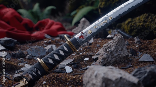 Wallpaper Mural Bloody katana on rubble-strewn ground; red fabric in background Torontodigital.ca