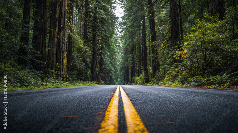 Fototapeta premium Scenic redwood forest road with tall trees and yellow lines way path trip view green drive route