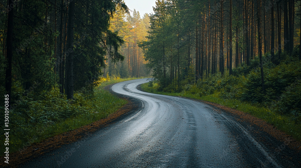 Fototapeta premium Scenic winding road through lush green summer forest way path calm trees drive woods curve route