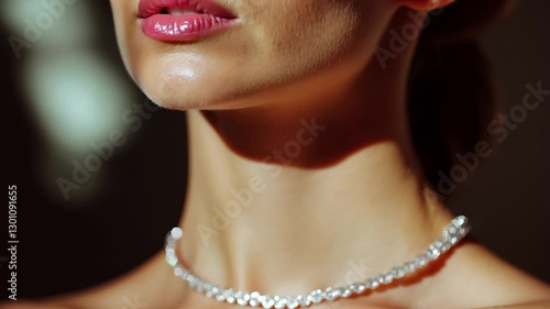 Close-up of a woman's neck adorned with a sparkling diamond necklace. Luxury jewelry, elegance and sophistication.