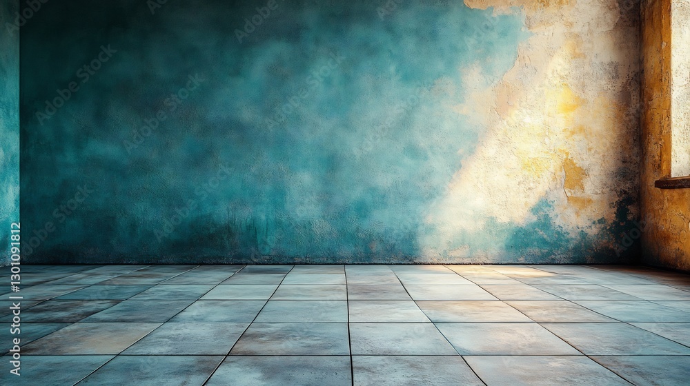 Moody teal room bathed in soft sunlight reveals textured walls and tiled floor. AI Generated Moody teal room bathed in soft sunlight reveals textured walls and tiled floor. AI Generated