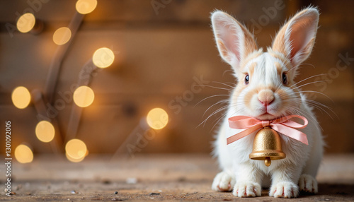 Small bunny with Easter bell in cozy atmosphere, festive charm