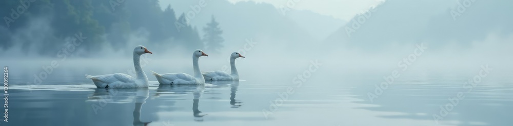White Geese glide smoothly on foggy lake surface, nature, wildlife White Geese glide smoothly on foggy lake surface, nature, wildlife