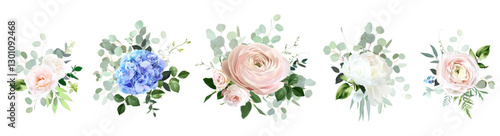 Classic pink rose, white peony, blush pink ranunculus, eucalyptus, blue hydrangea, sage greenery vector design wedding spring bouquets. Floral summer watercolor. Elements are isolated and editable