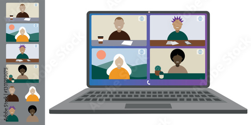 Video call conference, working from home. Colleagues of different nationalities and ages talk to each other on the laptop screen. Isolated illustration on white background in flat style trendy colors