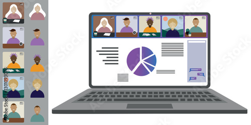 Video call conference, working from home. Colleagues of different nationalities and ages talk to each other on the laptop screen. Isolated illustration on white background in flat style trendy colors