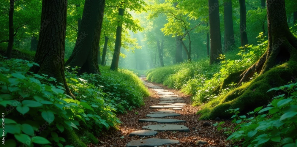 Obraz premium Ancient stone path winding through dense forest foliage, nature, wilderness, forest