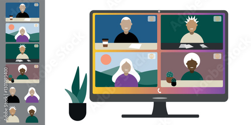 Video call conference, working from home. Colleagues of different nationalities and ages talk to each other on computer screen. Isolated illustration on white background in flat style trendy colors