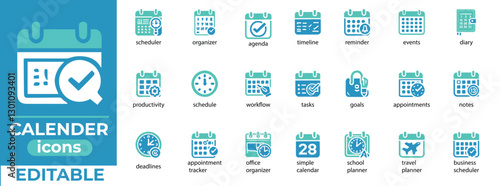 Editable calendar vector icons for scheduling, planning, productivity, and reminders. Perfect for business and personal use