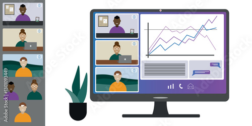 Video call conference, working from home. Colleagues of different nationalities and ages talk to each other on computer screen. Isolated illustration on white background in flat style trendy colors