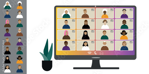 Video call conference, working from home. Colleagues of different nationalities and ages talk to each other on computer screen. Isolated illustration on white background in flat style trendy colors