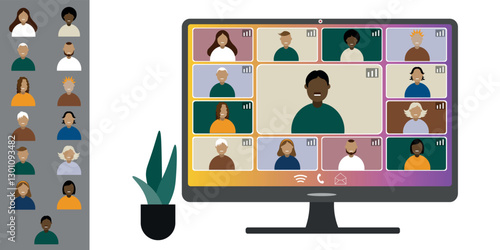 Video call conference, working from home. Colleagues of different nationalities and ages talk to each other on computer screen. Isolated illustration on white background in flat style trendy colors
