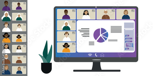 Video call conference, working from home. Colleagues of different nationalities and ages talk to each other on computer screen. Isolated illustration on white background in flat style trendy colors