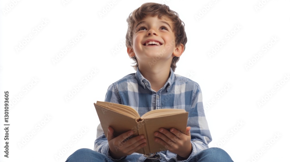 cheerful boy sitting and reading a book isolated over white background cheerful boy sitting and reading a book isolated over white background