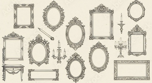 Elegant Ornate Frames Candlesticks Tabletop Design Elements. AI Generated