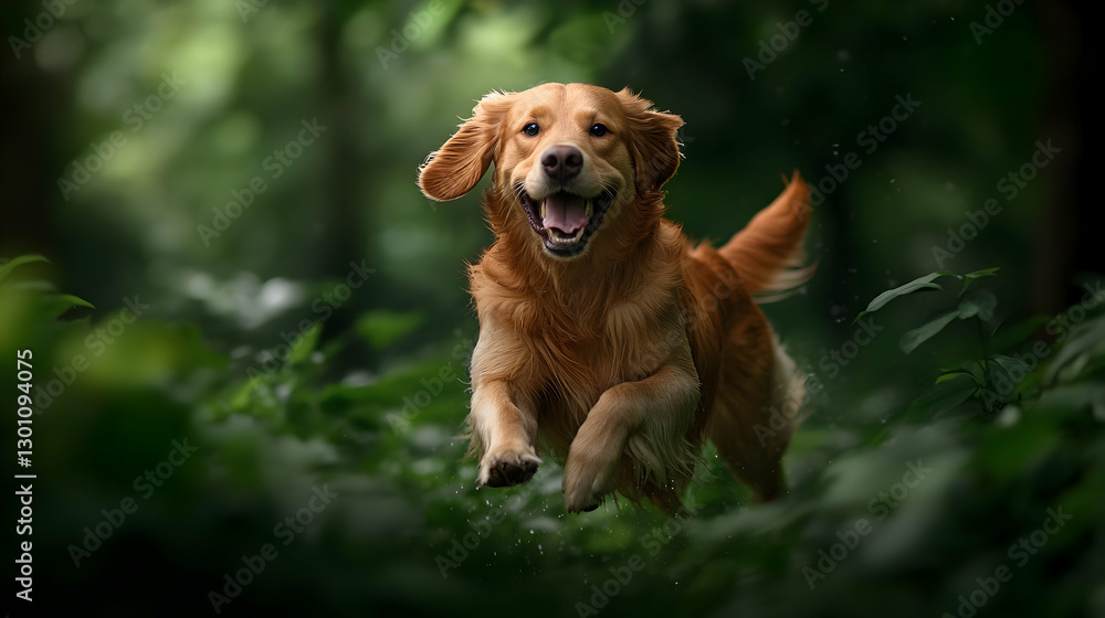 Golden retriever joyfully running through a lush green forest Golden retriever joyfully running through a lush green forest