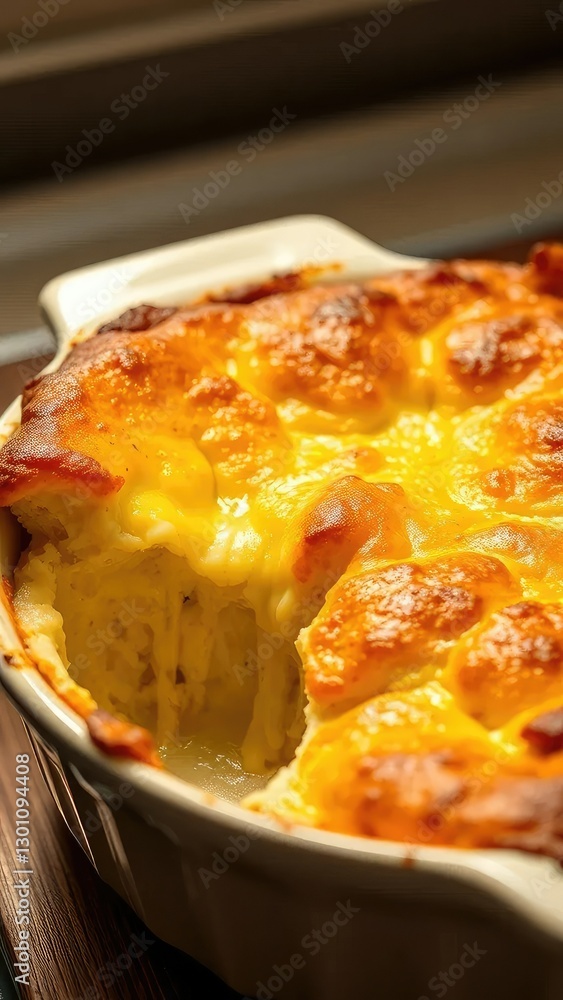 Baked cheesy soufflé rising from a baking dish, oven-baked, bubbly topping, gruyere cheese Baked cheesy soufflé rising from a baking dish, oven-baked, bubbly topping, gruyere cheese