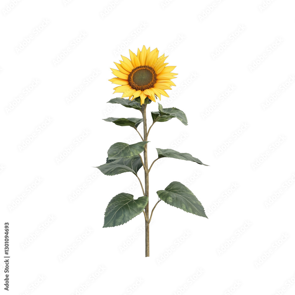 Obraz premium Bright sunflower blooms with vivid yellow petals and a rich brown center, complemented by lush green leaves on a clear background