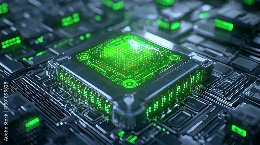 Fototapeta premium A close-up of a glowing green microchip surrounded by circuit elements, showcasing intricate technology and digital innovation.