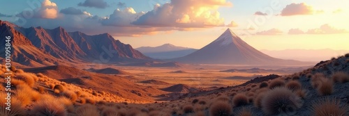 Desolada paisaje al atardecer con una monta?a en el fondo, rugged mountains, barren landscape, solitary hill