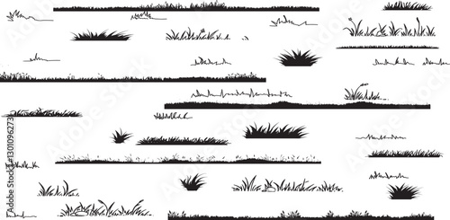 set of grass line cad and silhouettes isolated on white background