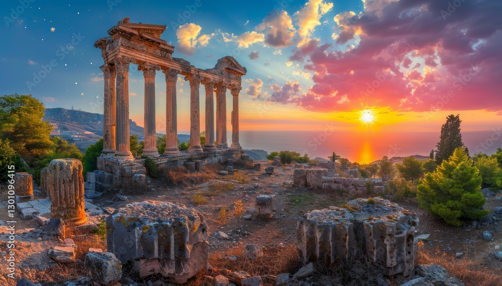 Fototapeta premium Breathtaking sunset view of roman columns in helwa, jordan, with a starry sky backdrop.