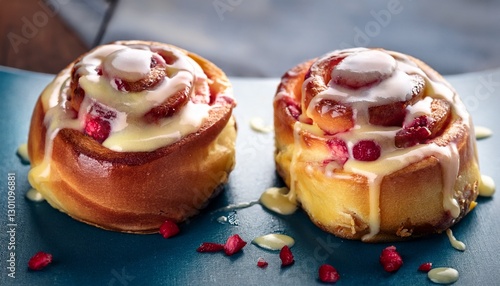 homemade raspberry cinnamon rolls with lemon glaze presented in a close up shot reflecting faded colors from a phone camera