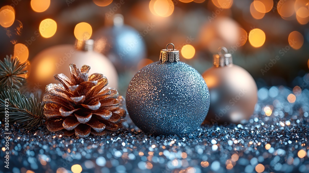 Fototapeta premium Trendy abstract silver gray circles bokeh create a festive glitter background with a Christmas lights overlay.