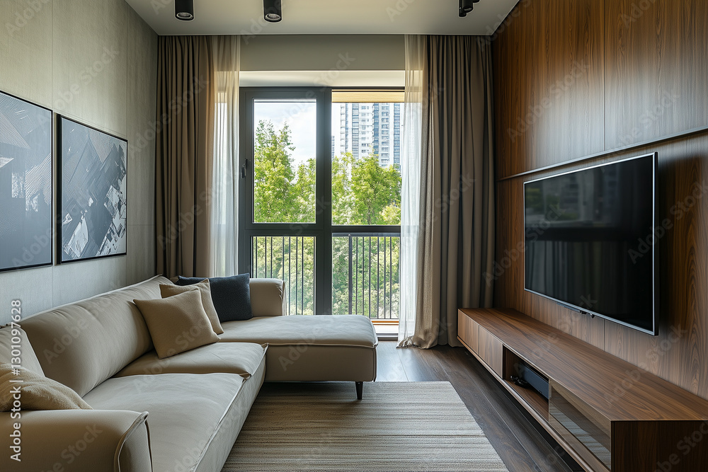 Fototapeta premium Small and modern apartment living room with TV panel