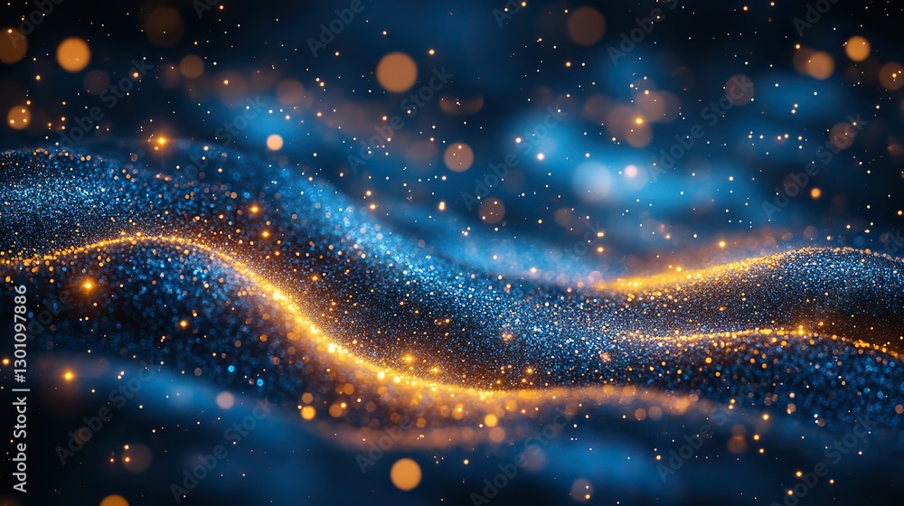 Naklejka premium Trendy blue and yellow bokeh festive glitter dark background, Christmas lights overlay pattern.