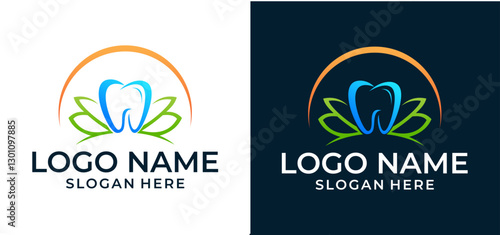 Vector logo design for dentistry dental with illustration of lotus leaf elements.