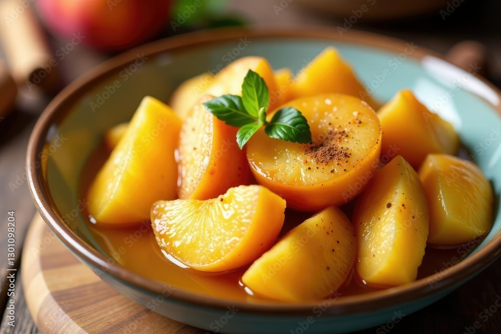 Golden peaches baked in ceramic plate with honey and cinnamon, honey, dessert Golden peaches baked in ceramic plate with honey and cinnamon, honey, dessert