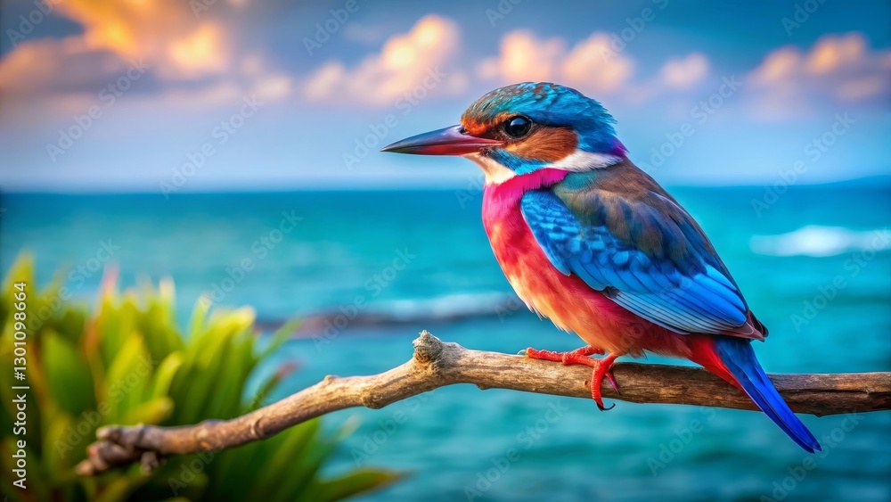 Fototapeta premium A Vibrant Kingfisher Perched on a Branch Overlooking a Serene Ocean at Sunset