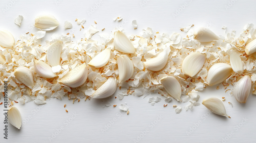 Garlic bulbs with cloves partially separated on white surface, showcasing their natural texture and color. arrangement highlights contrast between cloves and background Garlic bulbs with cloves partially separated on white surface, showcasing their natural texture and color. arrangement highlights contrast between cloves and background