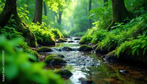 Lush greenery and ferns leaves create a tranquil atmosphere on the surface of this peaceful forest stream, nature, greenery