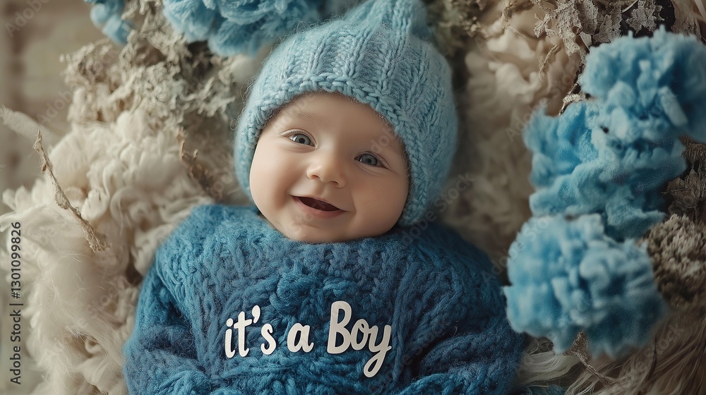 Smiling Newborn Baby Boy with ‘It’s a Boy’ Embroidered on His Outfit