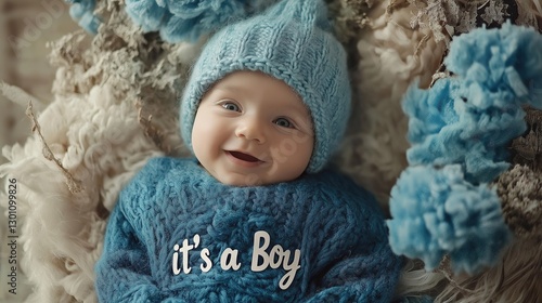 Obraz na płótnie Smiling Newborn Baby Boy with ‘It’s a Boy’ Embroidered on His Outfit w salonie