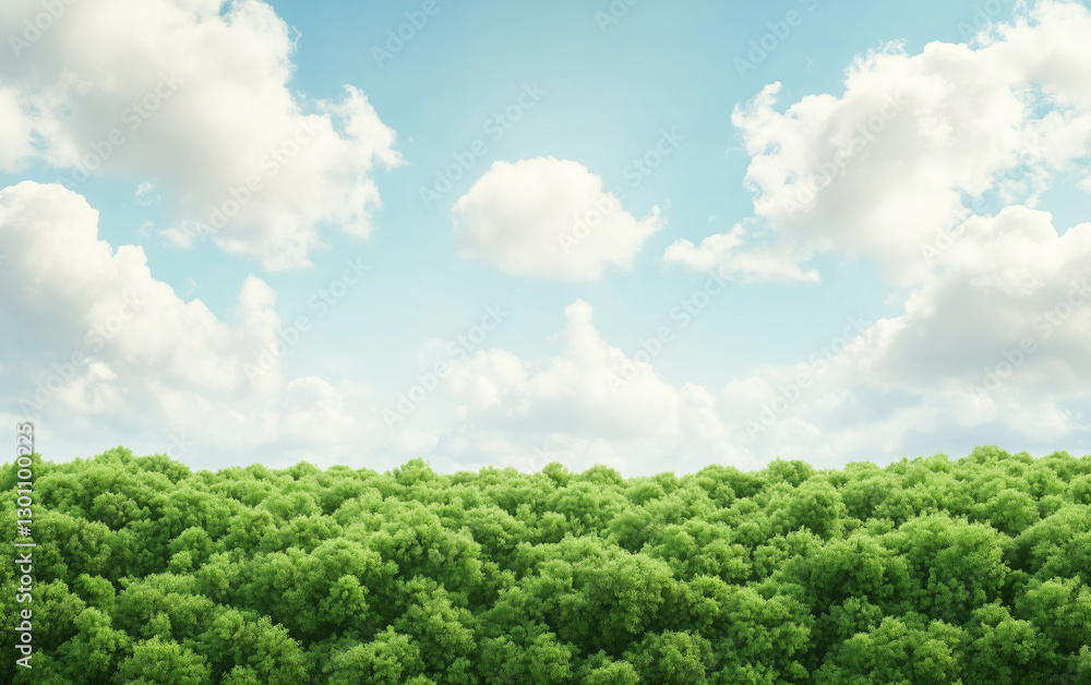 Illustrated forest landscape with green trees and bright blue sky Illustrated forest landscape with green trees and bright blue sky