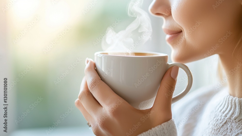 A close up of a woman holding a steaming cup of coffee with soft morning light on her face, relaxation, morning routine, comfort A close up of a woman holding a steaming cup of coffee with soft morning light on her face, relaxation, morning routine, comfort