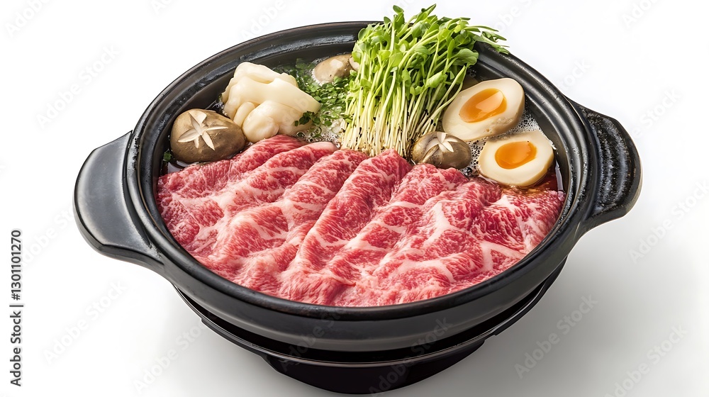 Delicious hot pot with sliced beef white background food photography culinary art gourmet experience Delicious hot pot with sliced beef white background food photography culinary art gourmet experience
