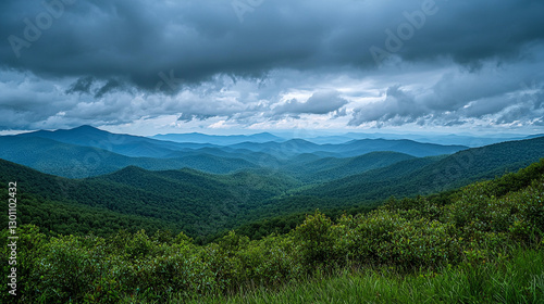 Majestic blue ridge mountains scenic landscape view under dramatic cloudy sky peak green trees hills