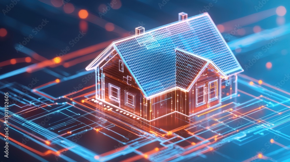 A glowing wireframe of a smart home interface, automation, internet of things, connected living, future housing A glowing wireframe of a smart home interface, automation, internet of things, connected living, future housing