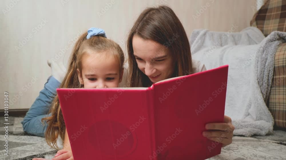 happy mother and daughter lying on carpet and reading book together at home happy mother and daughter lying on carpet and reading book together at home