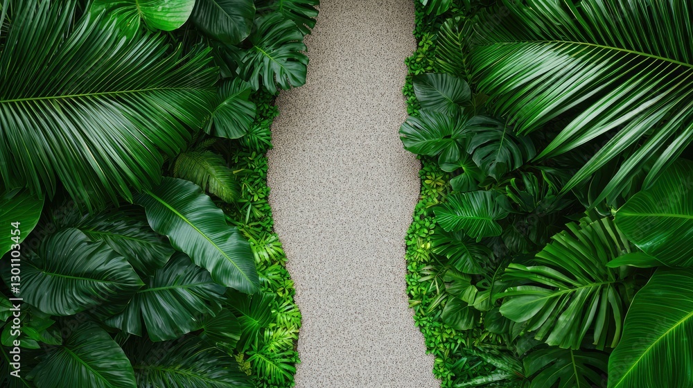 Lush Green Tropical Leaves Framing a Tranquil Space, Creating a Natural Sanctuary for Relaxation and Serenity, Ideal for Relaxation and Wellness Themes