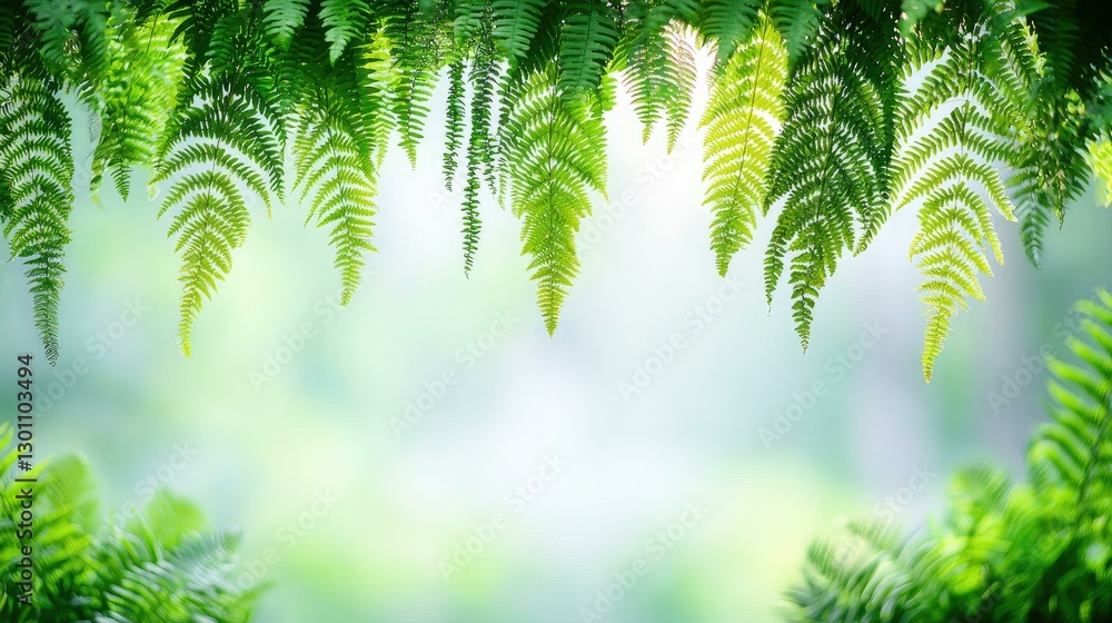 Lush green ferns hanging gracefully in a serene background, creating a calming atmosphere perfect for nature-themed projects, wellness, and tranquility in design.