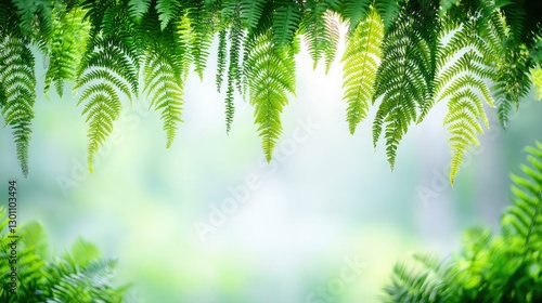 Obraz na płótnie Lush green ferns hanging gracefully in a serene background, creating a calming atmosphere perfect for nature-themed projects, wellness, and tranquility in design. w salonie